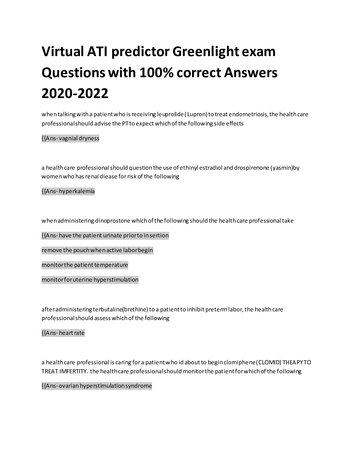 Preview of Virtual ATI predictor Greenlight exam Questions with 100% correct Answers 2020-2022